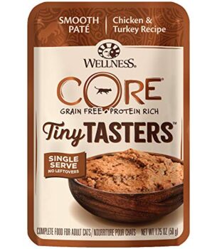 Wellness CORE Tiny Tasters Wet Cat Food, Complete & Balanced Natural Pet Food, Made with Real Meat, 1.75-Ounce Pouch, 12 Pack (Flaked, Minced in Gravy & Pate)