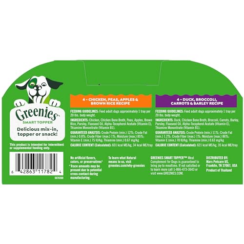 Greenies Smart Topper High Protein Wet Mix-in for Dogs, Chicken, Peas, Apples, and Brown Rice Recipe & Duck, Broccoli, Carrots and Barley Recipe Variety Pack with Whole Grains, 8 Trays of 2oz. - Image 2