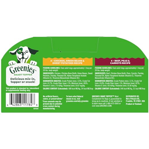 Greenies Smart Topper High Protein Wet Mix-in for Dogs, Chicken, Green Beans, and Sweet Potatoes Recipe & Beef, Peas, and Carrots Recipe Variety Pack, 8 Trays of 2oz. - Image 2