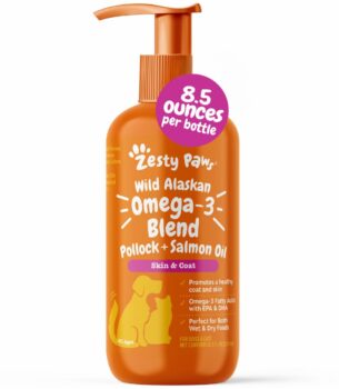 Zesty Paws Wild Alaskan Omega-3 Blend Pollock + Salmon Oil for Dogs and Cats- Skin and Coat Support, Omega 3 Supplement for Pets, 8.5oz