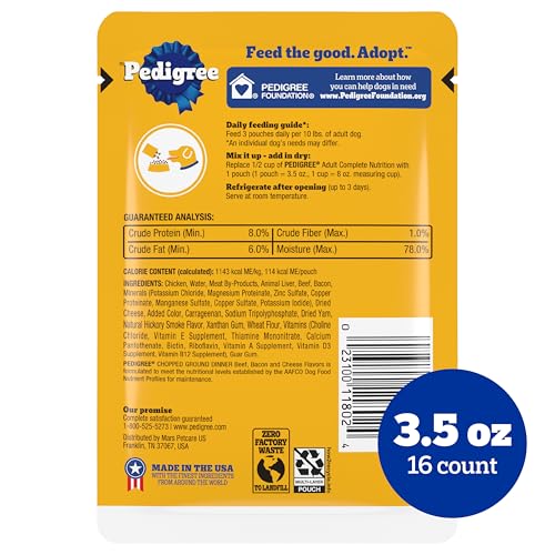 Pedigree Chopped Ground Dinner Adult Soft Wet Dog Food 16-Count Beef, Bacon and Cheese Flavors, 3.5 oz Pouches - Image 2