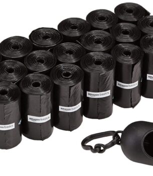 Amazon Basics Dog Poop Bags with Dispenser, 300 Count, Enhanced for Guaranteed Leakproof, Unscented, Includes Leash Clip