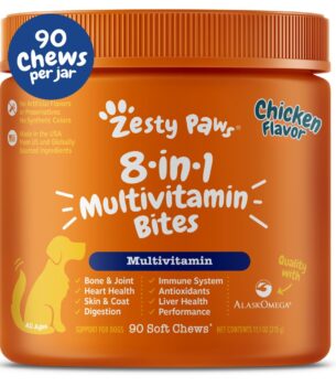 Zesty Paws Dog Multivitamin, Chewable Dog Vitamins and Supplements for Hip & Joints, Skin & Coat, Omega 3 Fish Oil for Dogs- Senior & Puppy Multivitamin- Chicken- 90ct