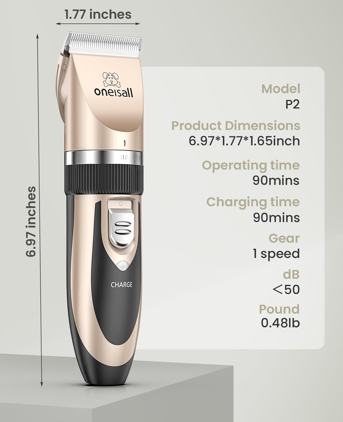 oneisall Dog Clipper Low Noise, Dog Grooming Kit with Rechargeable, Pet Shaver Cordless Electric Quiet Hair Clipper Set for Dogs Cats Pets?Gold? - Image 7