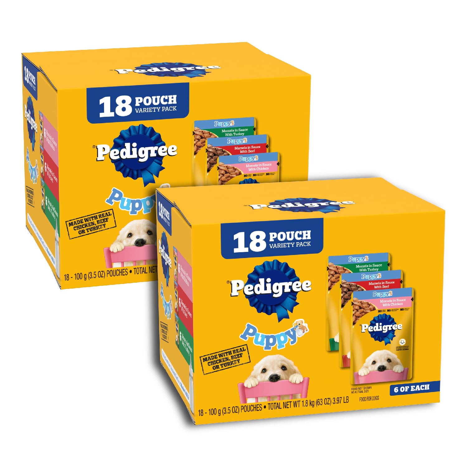 Pedigree Puppy Soft Wet Dog Food Variety Pack, 3.5 oz Pouches, 18 Count (Pack of 2)
