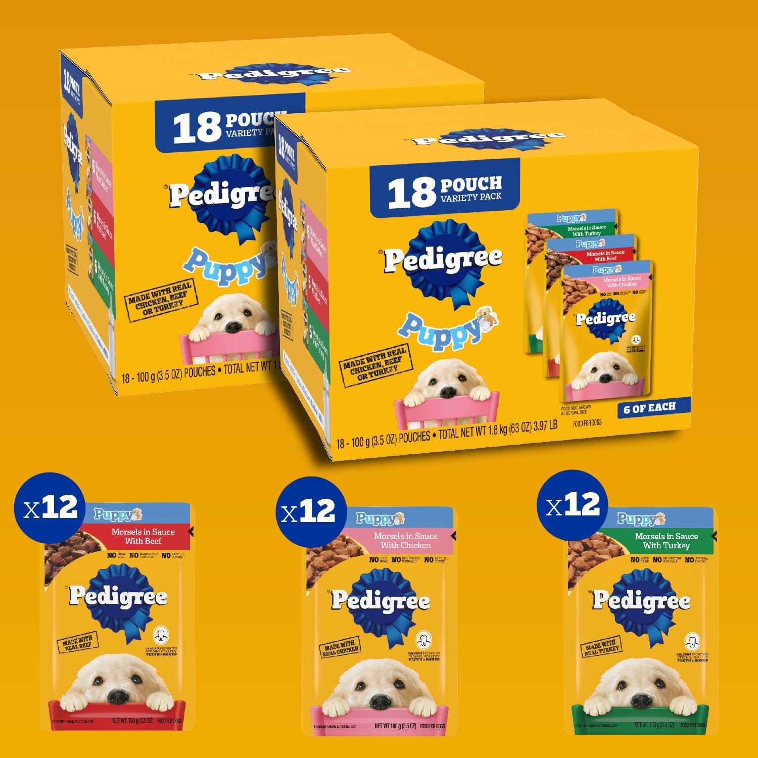 Pedigree Puppy Soft Wet Dog Food Variety Pack, 3.5 oz Pouches, 18 Count (Pack of 2) - Image 3