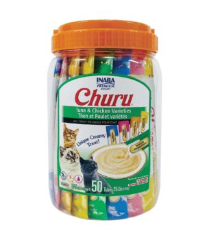 INABA Churu Cat Treats, Grain-Free, Lickable, Squeezable Creamy Pur?e Cat Treat/Topper with Vitamin E & Taurine, 0.5 Ounces Each Tube, 50 Tubes, Tuna & Chicken Variety