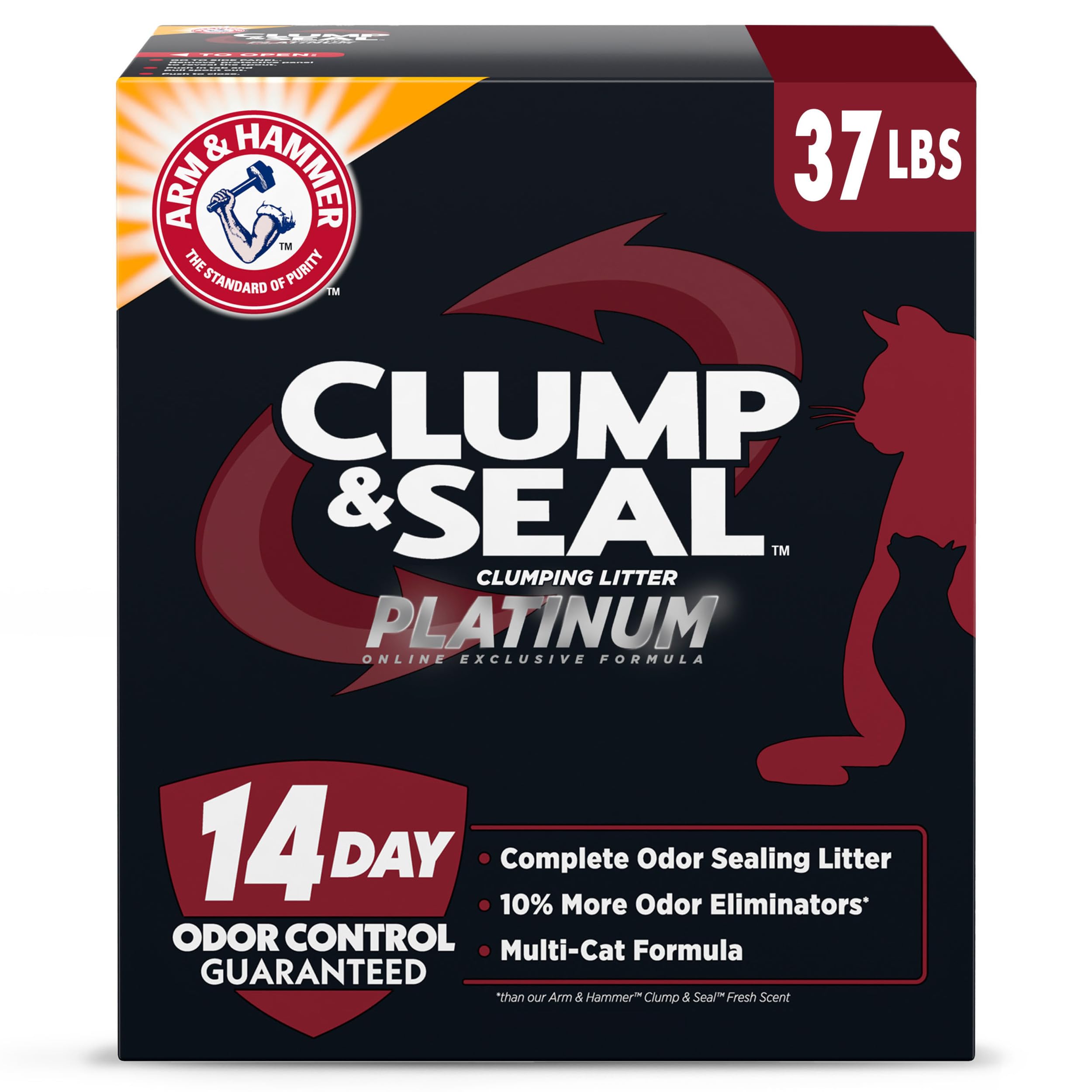 ARM & HAMMER Clump & Seal Platinum Cat Litter, Multi-Cat, 14-Day Odor Control, Rock-Hard Clumps, 37 lbs ? Powerful Odor Eliminator with Baking Soda