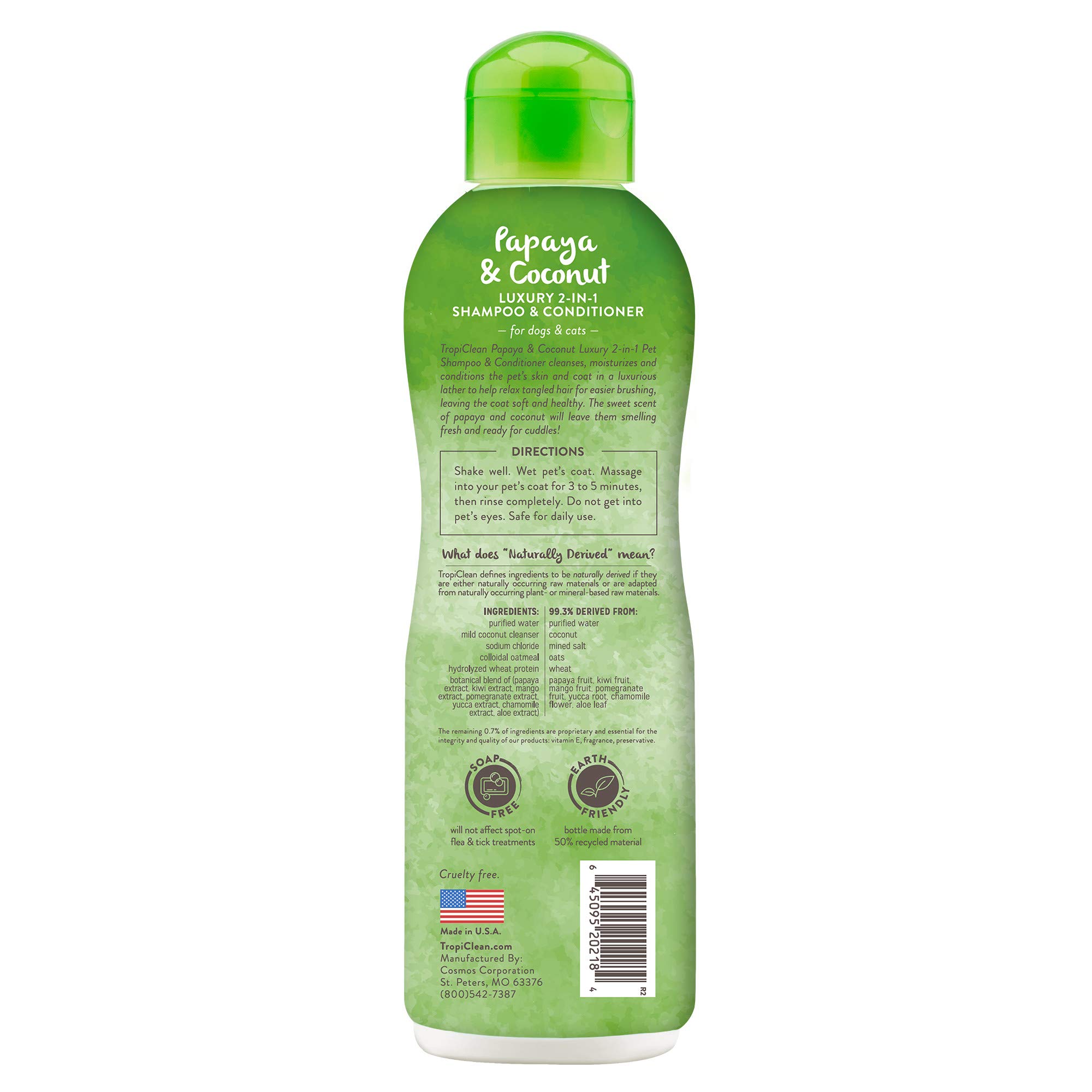 TropiClean 2-in-1 Dog Shampoo and Conditioner, Moisturizing Dog Detangler, Puppy Safe, Made in the USA, Papaya Scent, Cat & Kitten Safe, 20oz. - Image 2