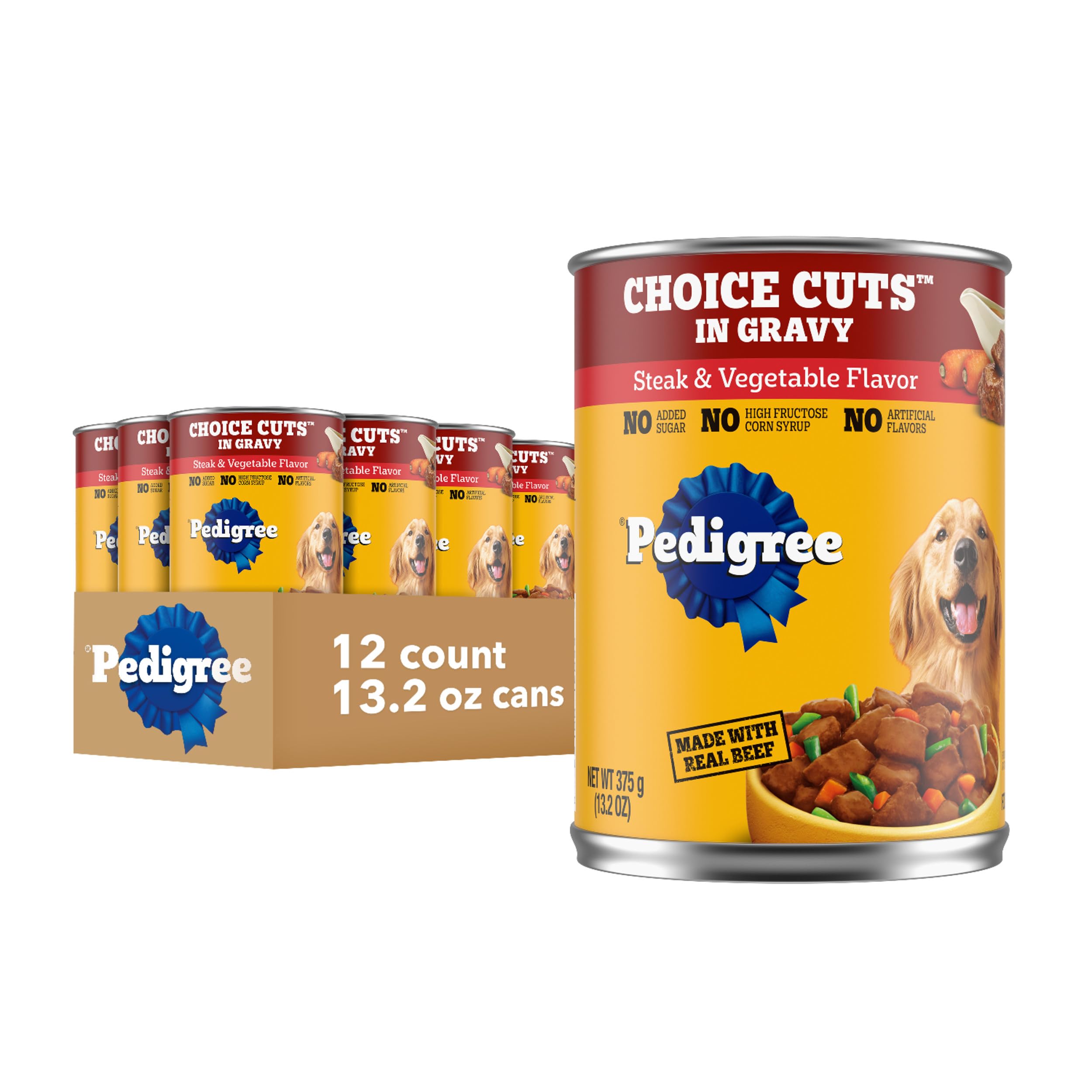 Pedigree Choice Cuts in Gravy Adult Canned Soft Wet Dog Food, Steak & Vegetable, 13.2 oz. Cans (12 Count, Pack of 1)