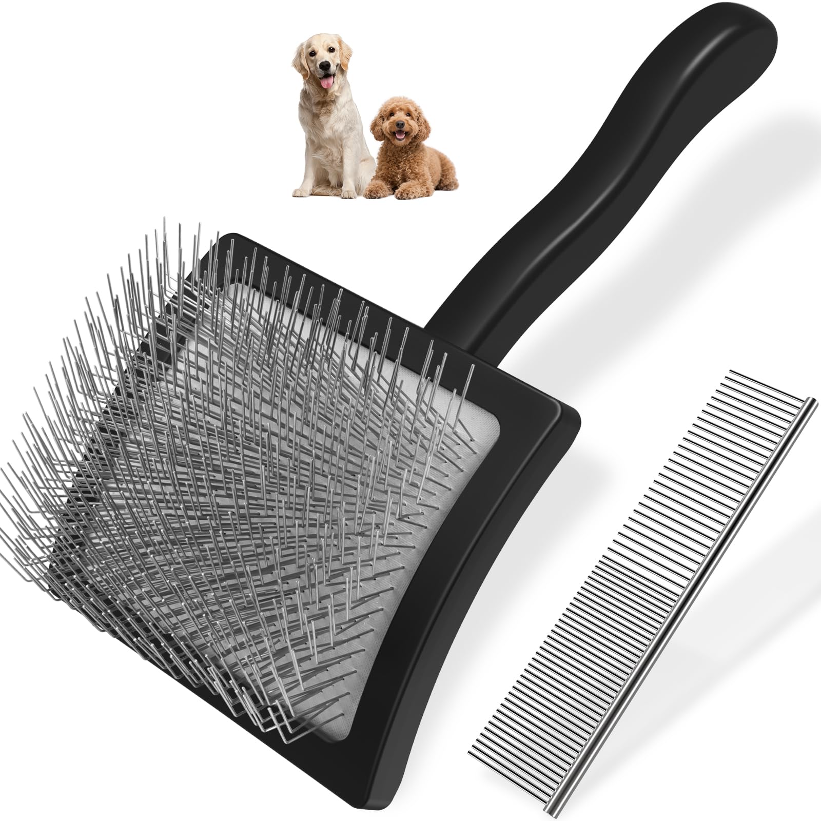 2PCS Slicker Brush for Dogs & Pet Comb,Professional Dog Grooming Brush (Goldendoodles,Poodles,Labradoodles) with Extra Long Pins to Effectively Remove Tangles, Knots and Mats (Black Large)