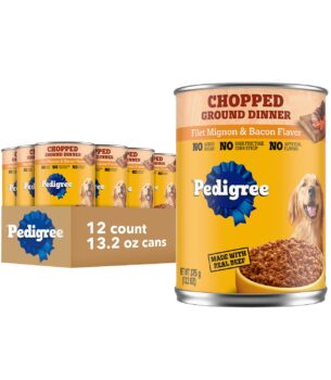 Pedigree Chopped Ground Dinner Adult Canned Soft Wet Dog Food, Filet Mignon & Bacon Flavor, 13.2 oz. Cans (12 Count, Pack of 1)