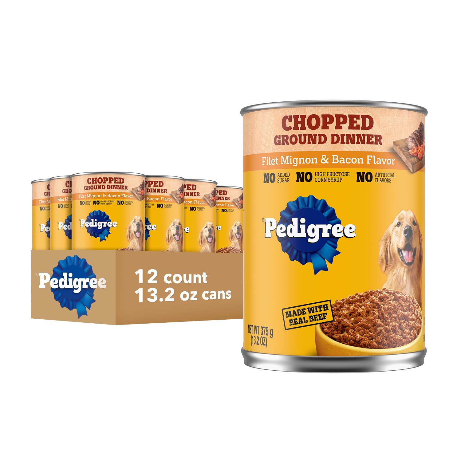 Pedigree Chopped Ground Dinner Adult Canned Soft Wet Dog Food, Filet Mignon & Bacon Flavor, 13.2 oz. Cans (12 Count, Pack of 1)