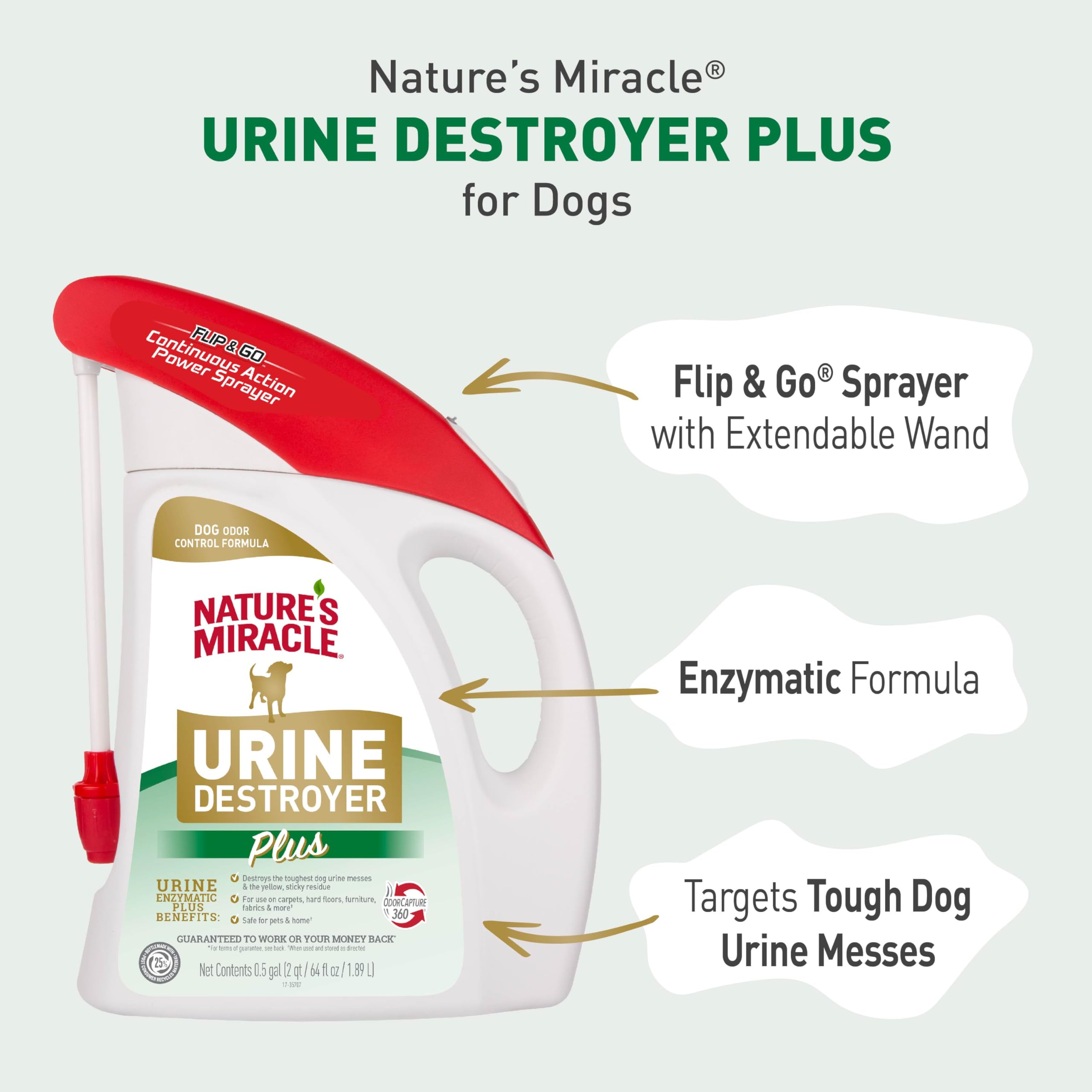 Nature's Miracle Urine Destroyer Plus for Dogs with Flip & Go Sprayer, 64 Ounces, Enzymatic Formula for Dogs Powers Out Tough Dog Urine Messes and Yellow, Sticky Residue - Image 3