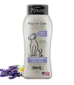 Wahl USA 4-in-1 Calming Dog Shampoo with Lavender Chamomile Scent ? Cleans, Conditions, Detangles, & Moisturizes - Pet Friendly Formula - 24 Oz - Model 820000A