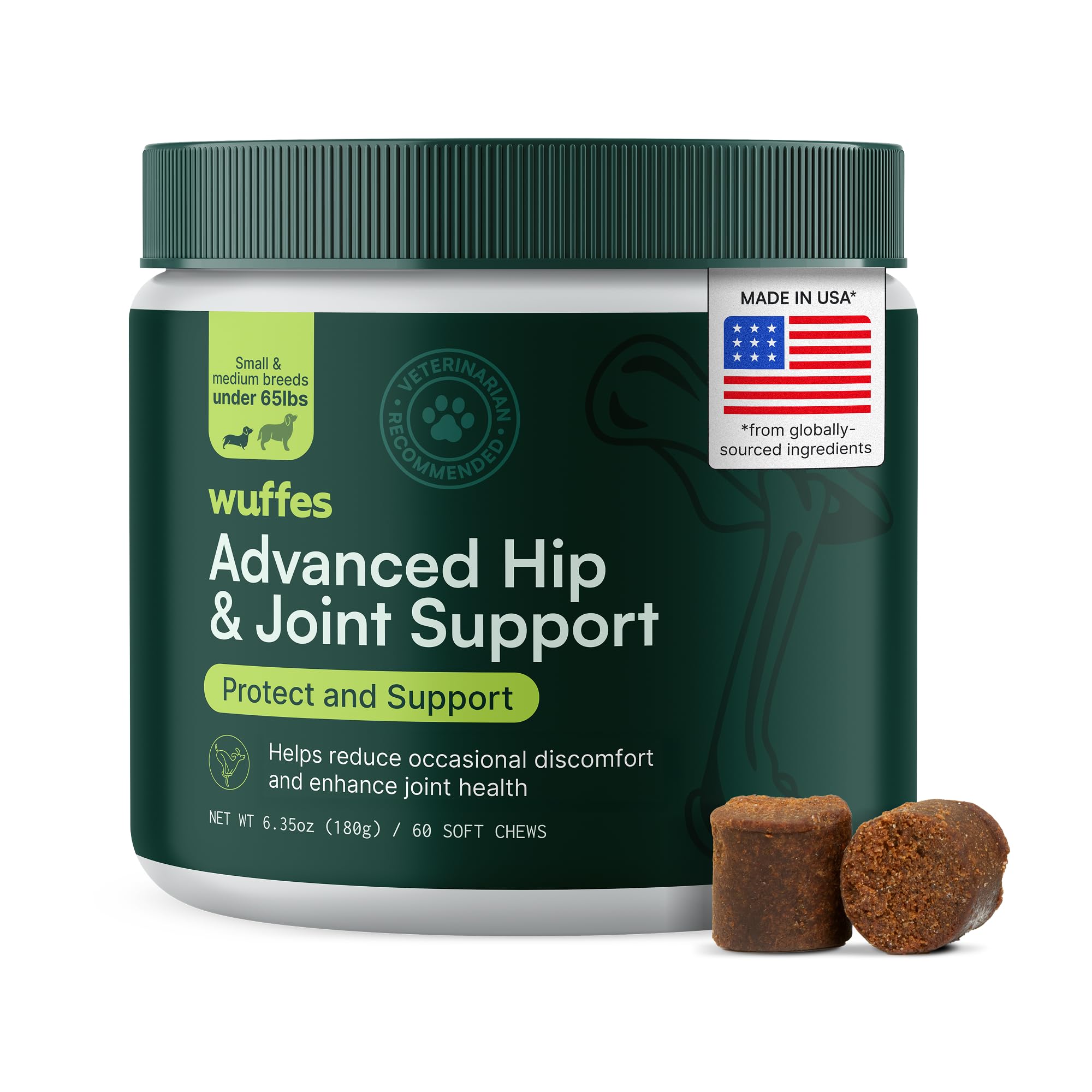 Wuffes Advanced Dog Hip and Joint Supplement with Glucosamine, Chondroitin, Omega 3, MSM, and Green Lipped Mussel, 60 Pork Flavored Chews for Small and Medium Dog Breeds