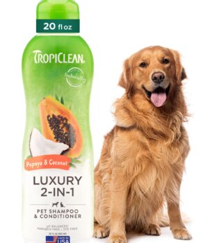 TropiClean 2-in-1 Dog Shampoo and Conditioner, Moisturizing Dog Detangler, Puppy Safe, Made in the USA, Papaya Scent, Cat & Kitten Safe, 20oz.
