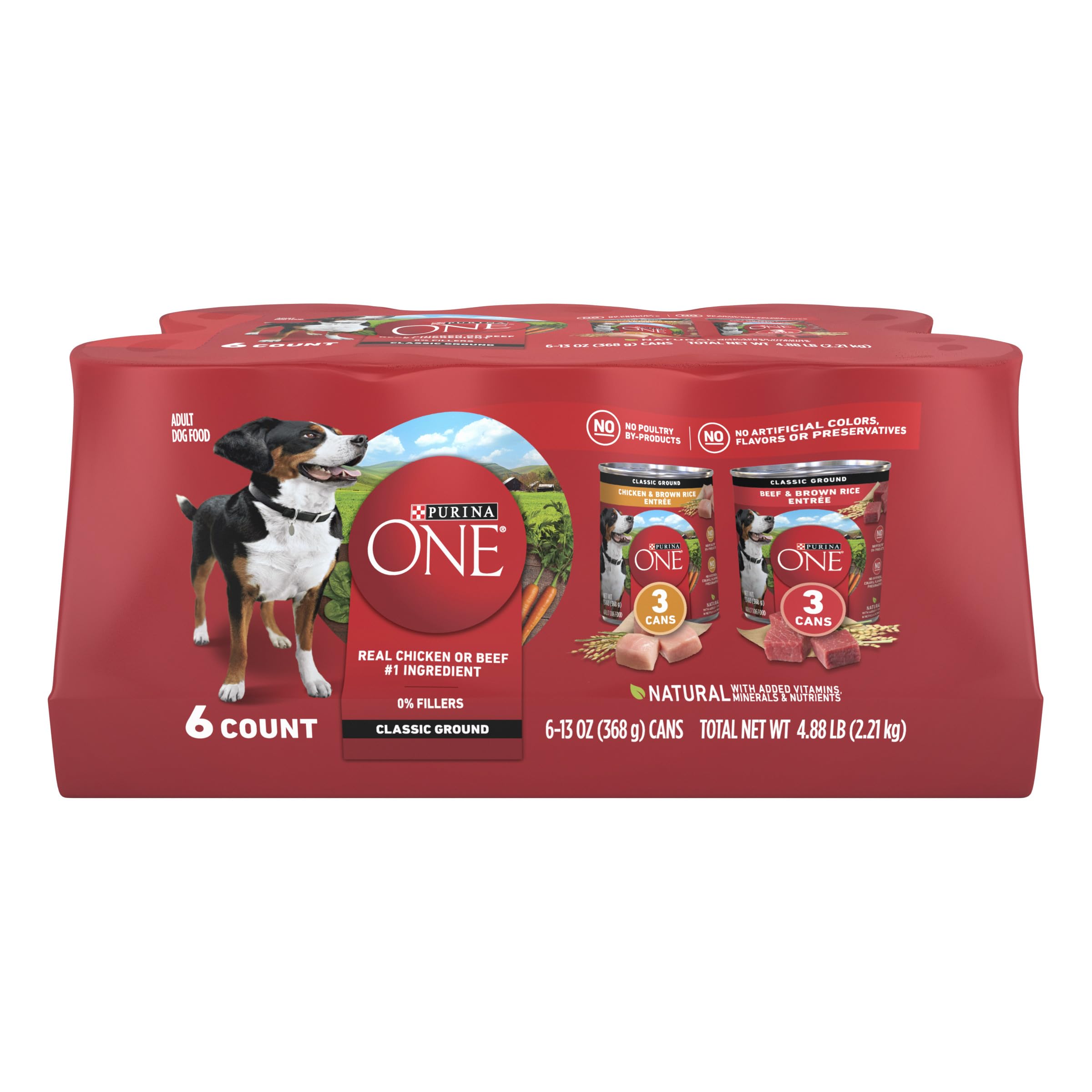 Purina ONE Classic Ground Chicken and Brown Rice, and Beef and Brown Rice Entrees Wet Dog Food Variety Pack - (Pack of 6) 13 oz. Cans