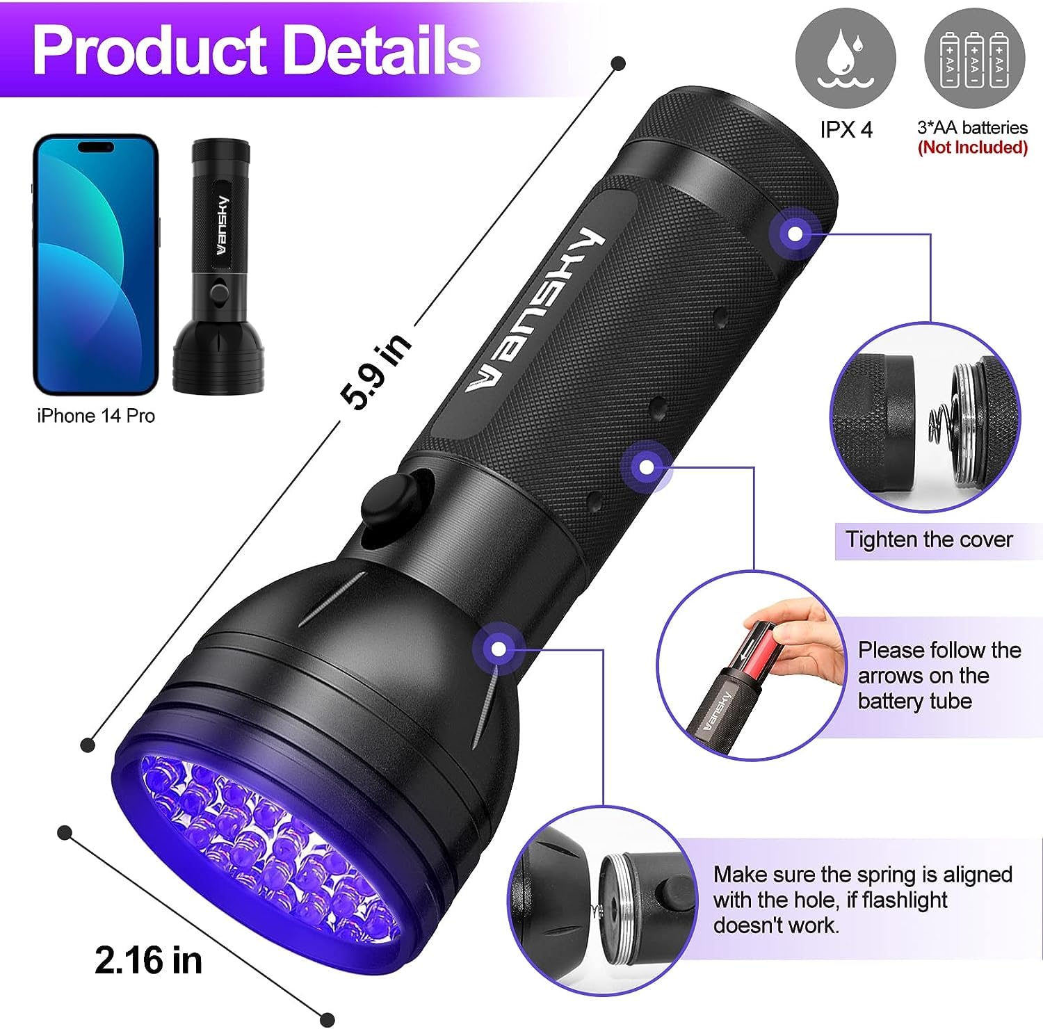 Vansky UV Flashlight Black Light, 51 LED Blacklight Pet Urine Detector for Dog/Cat Urine, Dry Stains, Bed Bug, Resin Curing, Scorpions Finder - Image 7