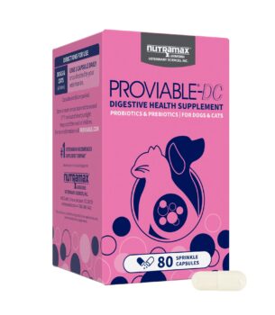 Nutramax Proviable Probiotics for Dogs and Cats, Daily Digestive Health Supplement with Multiple Strains of Bacteria, Cat and Dog Probiotics Plus Prebiotics, 80 Capsules