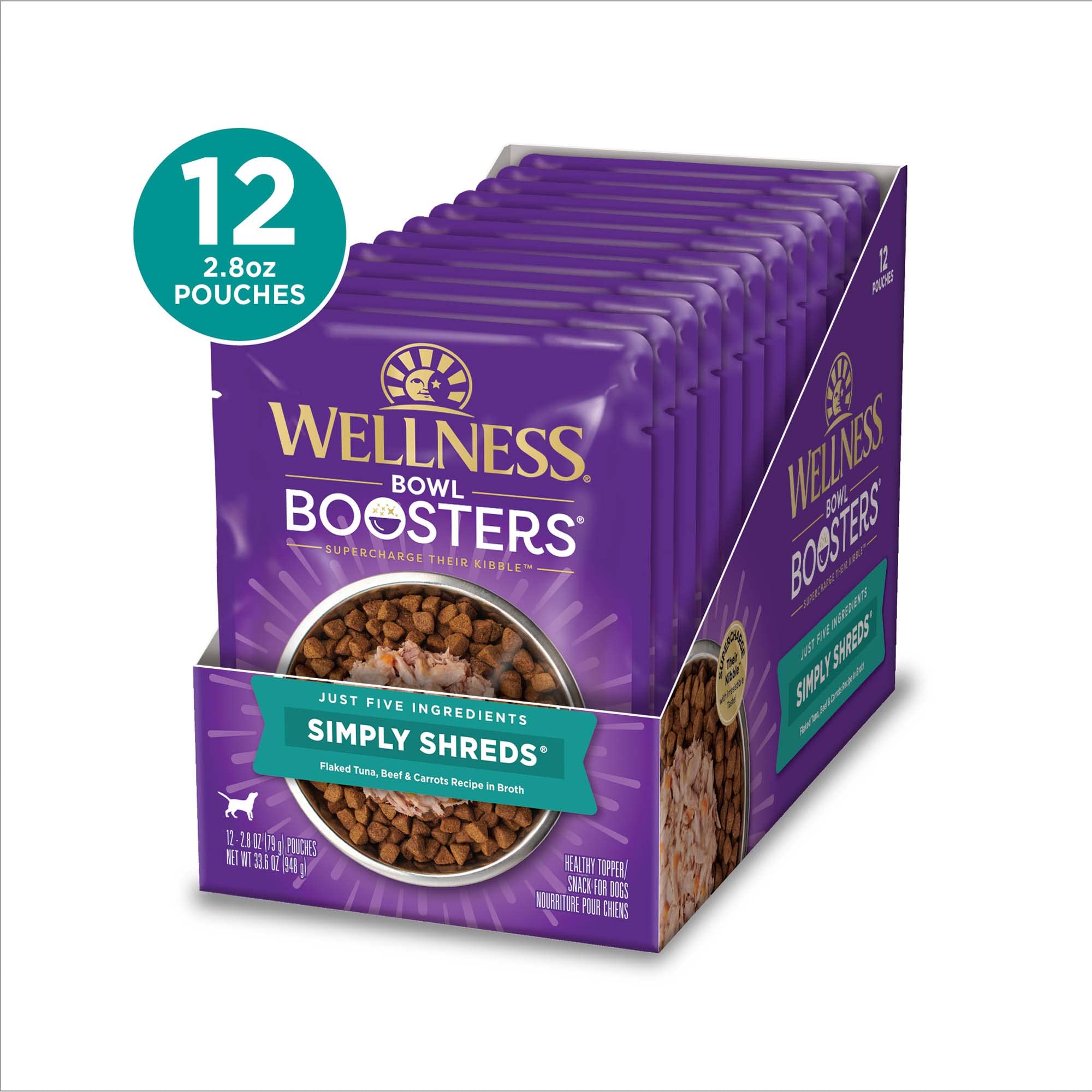 Wellness Bowl Boosters Simply Shreds Wet Dog Food Topper for Small, Medium, & Large Breeds, Grain Free, Natural, Tuna, Beef & Carrots, 2.8 Ounce Pouch (Pack of 12) - Image 2