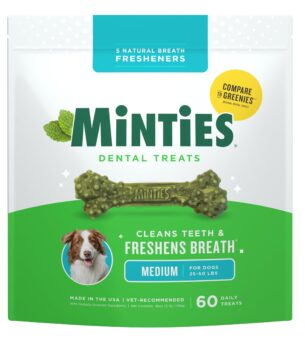 Minties Dental Chews for Dogs, 60 Count, Vet-Recommended Mint-Flavored Treats for Medium Dogs 25-50 lbs, Bones Clean Teeth, Fight Bad Breath, and Removes Plaque and Tartar