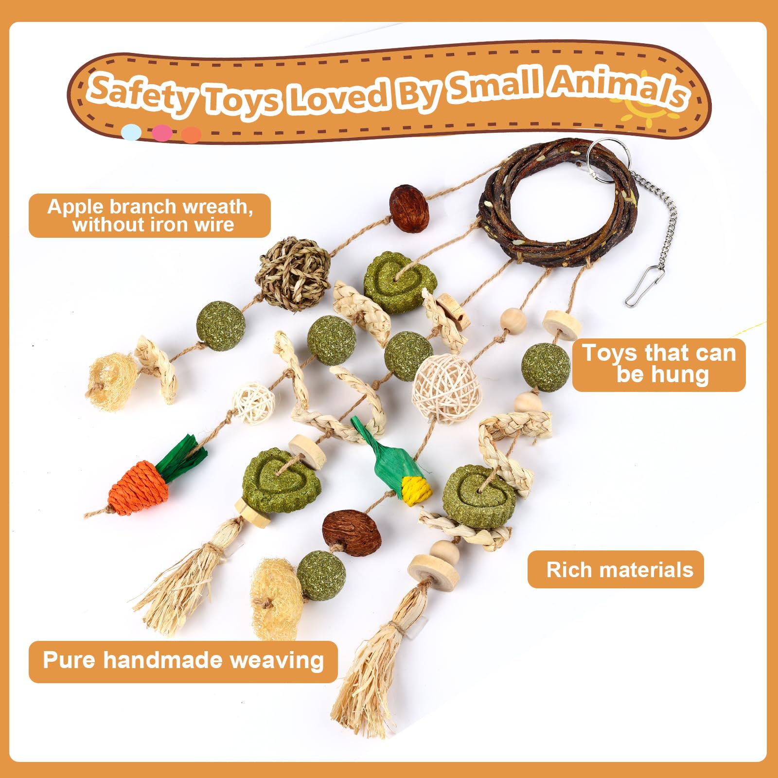 VESPRO Bunny Chew Toys, Rabbit Cage Hanging Chewing Toy and Treats Snack Ring, for Rabbits Chinchilla Guinea Pig Hamsters Grinding Teeth with Other Small Pets, Natural Materials Handwoven (5 Strings) - Image 6