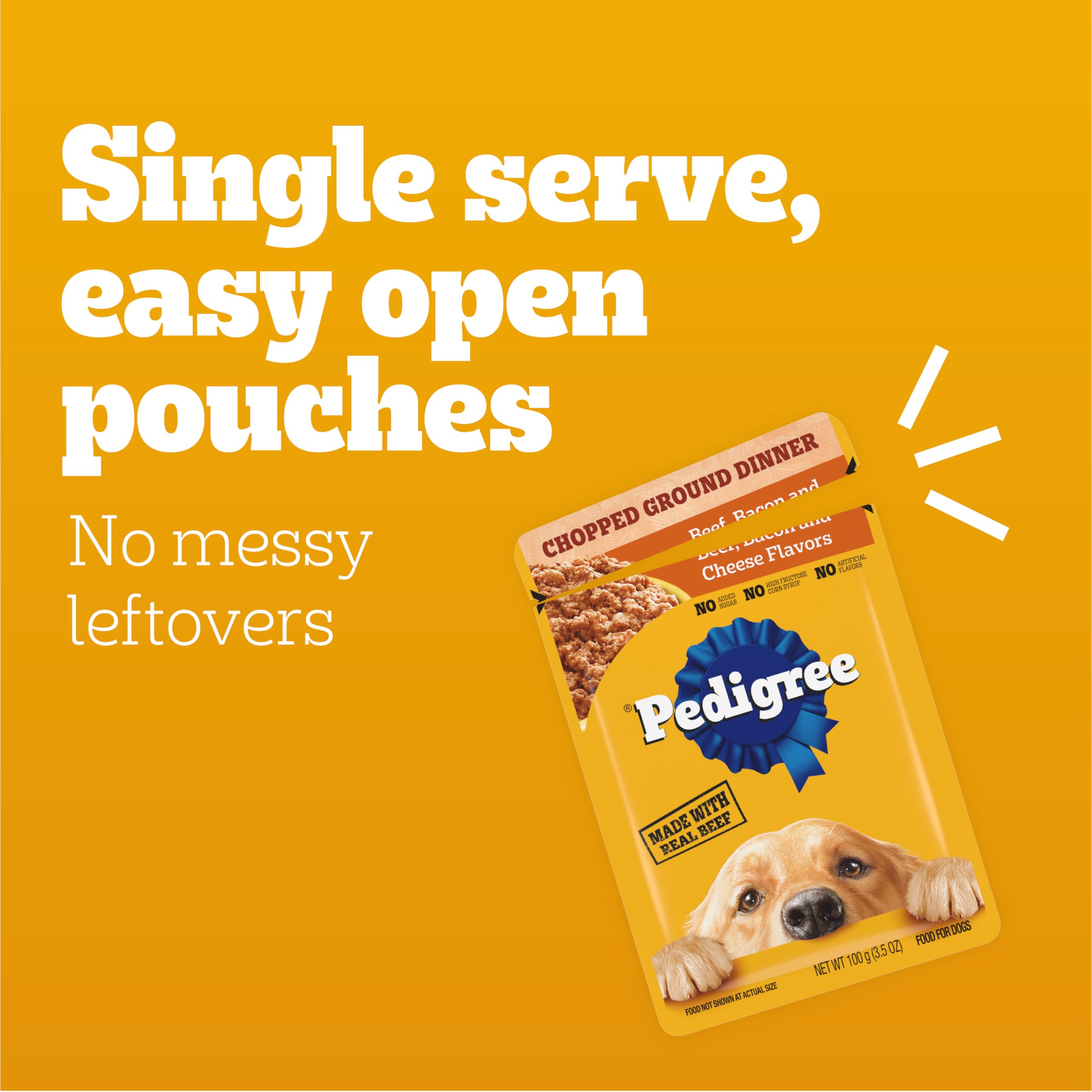 Pedigree Chopped Ground Dinner Adult Soft Wet Dog Food 16-Count Beef, Bacon and Cheese Flavors, 3.5 oz Pouches - Image 6