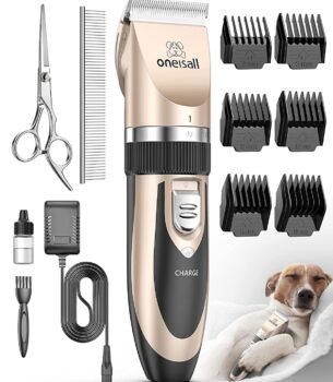 oneisall Dog Clipper Low Noise, Dog Grooming Kit with Rechargeable, Pet Shaver Cordless Electric Quiet Hair Clipper Set for Dogs Cats Pets?Gold?