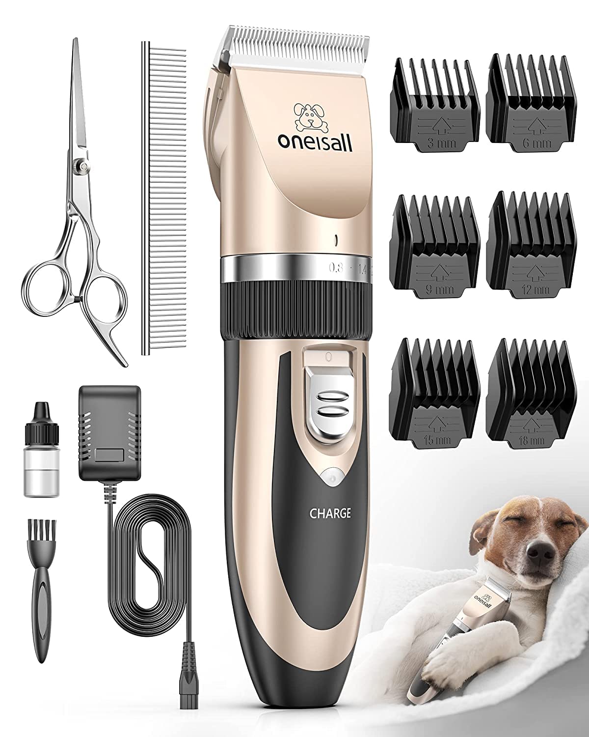 oneisall Dog Clipper Low Noise, Dog Grooming Kit with Rechargeable, Pet Shaver Cordless Electric Quiet Hair Clipper Set for Dogs Cats Pets?Gold?