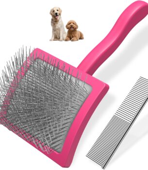 2PCS Slicker Brush for Dogs & Pet Comb,Professional Dog Grooming Brush (Goldendoodles,Poodles,Labradoodles) with Extra Long Pins to Effectively Remove Tangles, Knots and Mats (Pink Large)