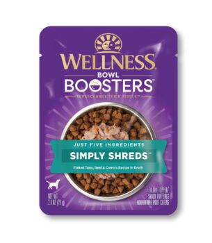 Wellness Bowl Boosters Simply Shreds Wet Dog Food Topper for Small, Medium, & Large Breeds, Grain Free, Natural, Tuna, Beef & Carrots, 2.8 Ounce Pouch (Pack of 12)