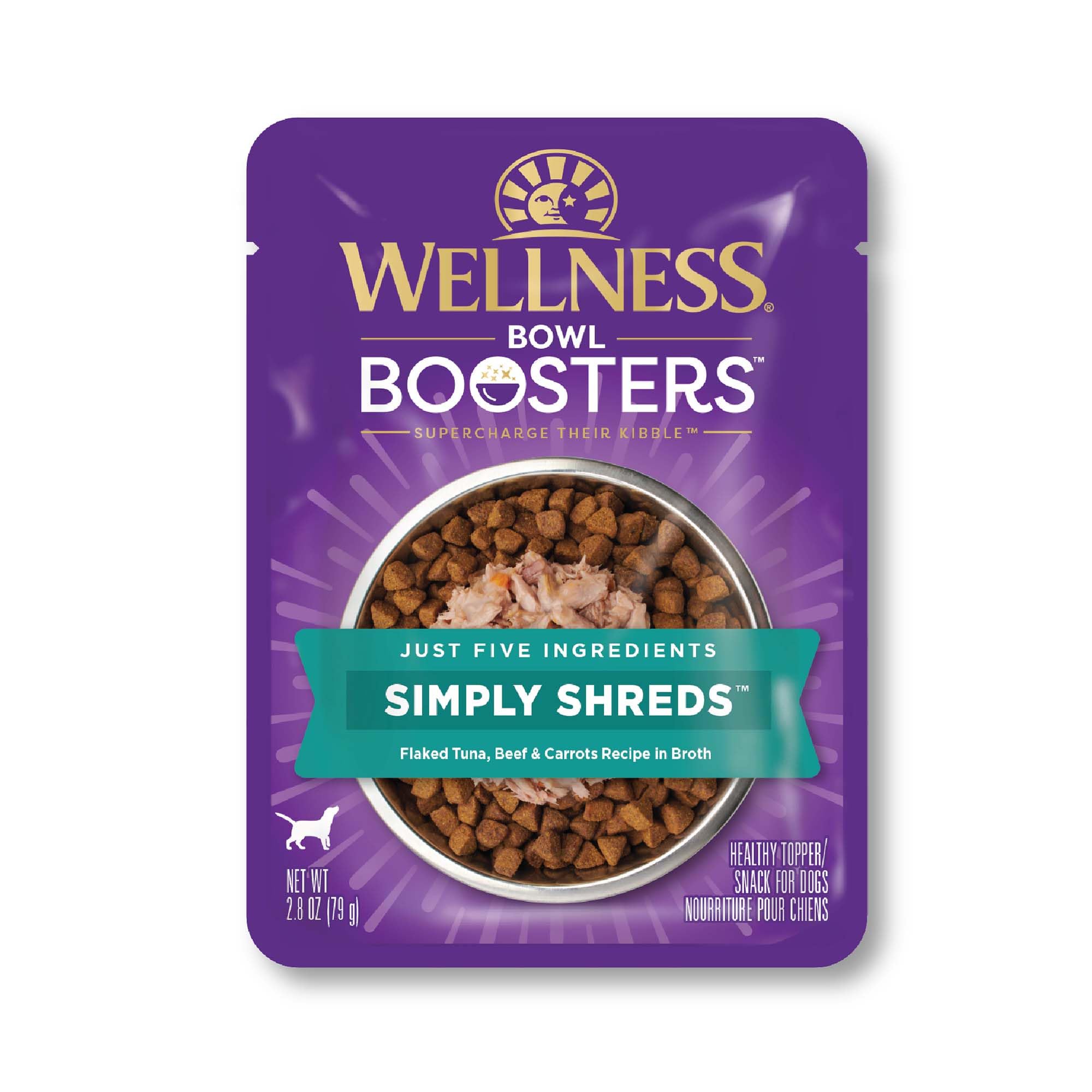 Wellness Bowl Boosters Simply Shreds Wet Dog Food Topper for Small, Medium, & Large Breeds, Grain Free, Natural, Tuna, Beef & Carrots, 2.8 Ounce Pouch (Pack of 12)