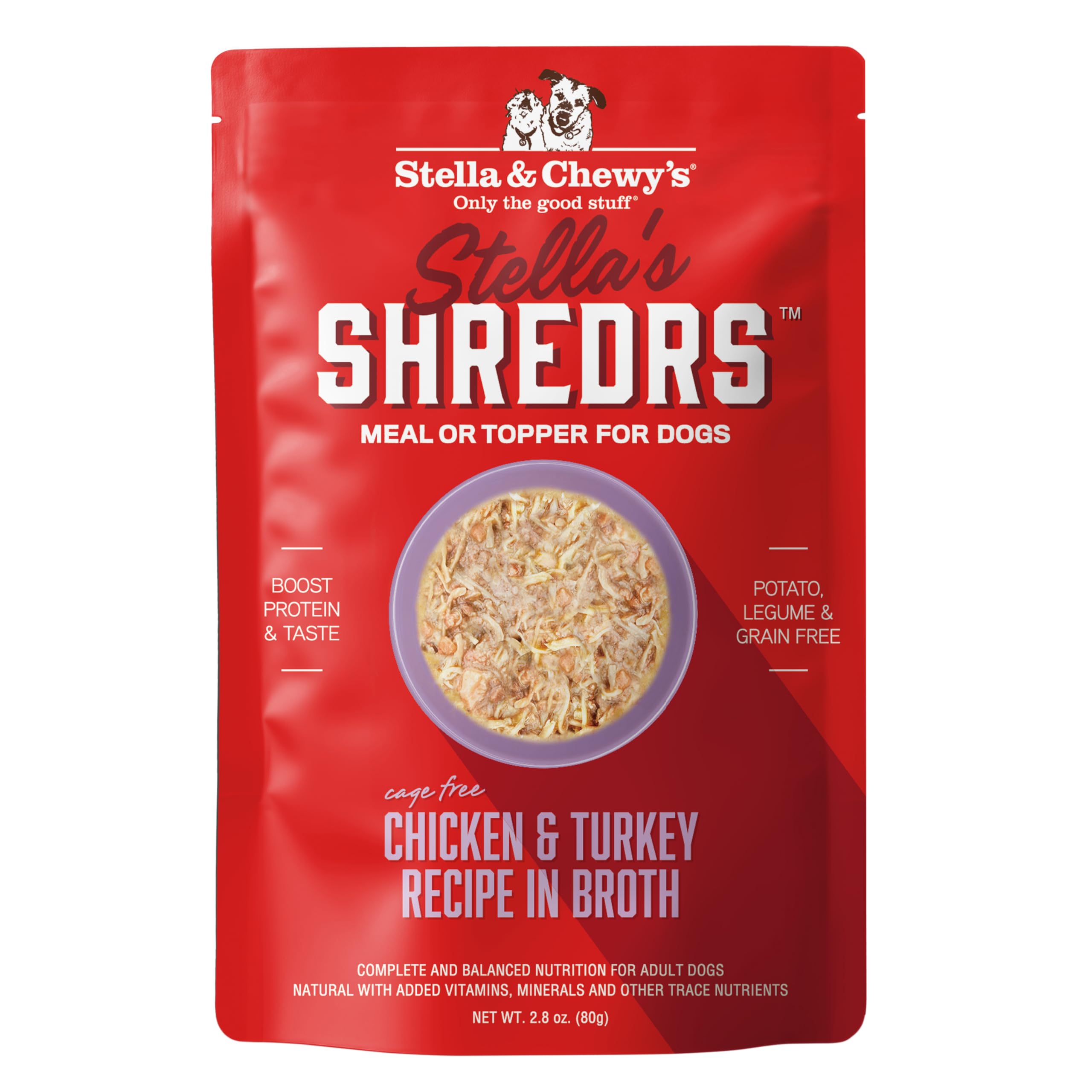 Stella & Chewy's Cage Free Chicken & Turkey Shredrs - Premium Dog Food Pouches - Perfect For Picky Eaters - 24 Pack, 2.8oz Each