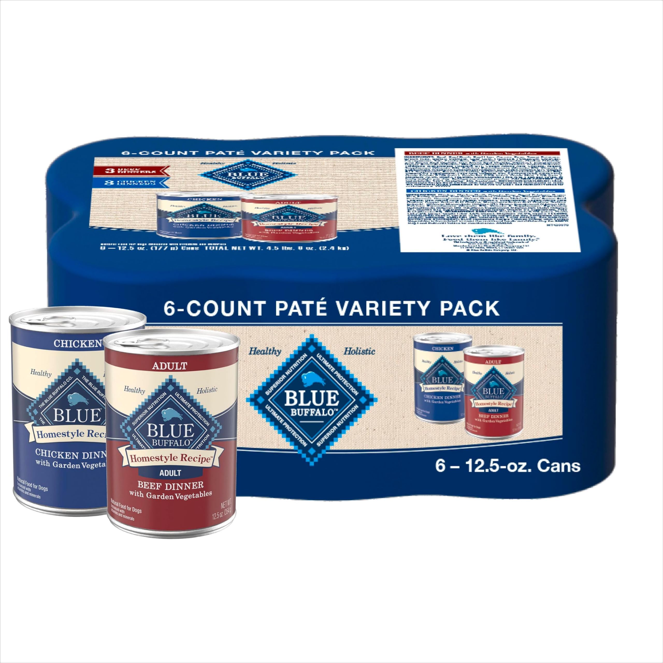 Blue Buffalo Homestyle Recipe Adult Wet Dog Food, Made with Natural Ingredients, Chicken and Beef Dinner Variety Pack, 12.5-oz Cans (6 Count, 3 of each)