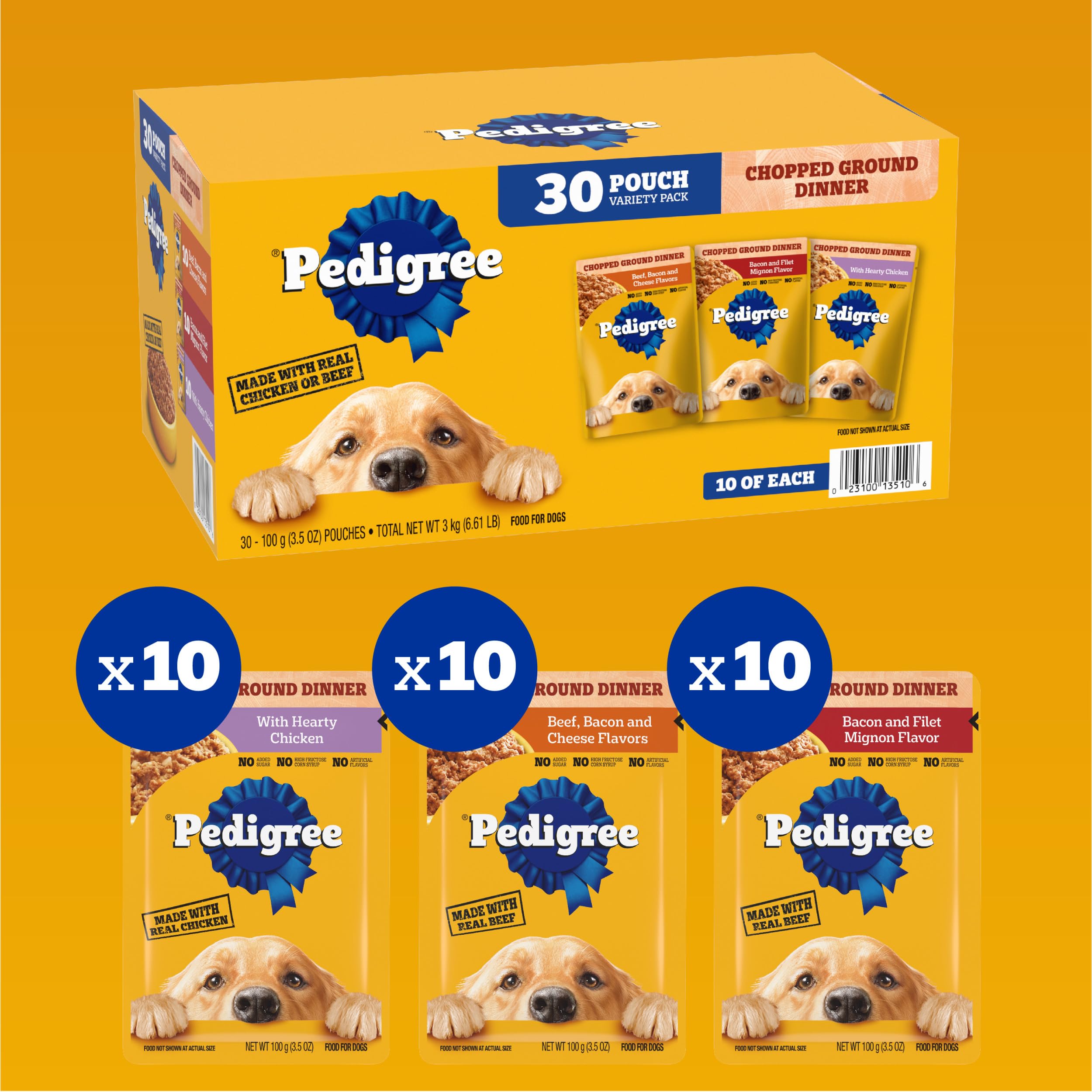 Pedigree Chopped Ground Dinner Adult Soft Wet Dog Food 30-Count Variety Pack, 3.5 oz Pouches - Image 3