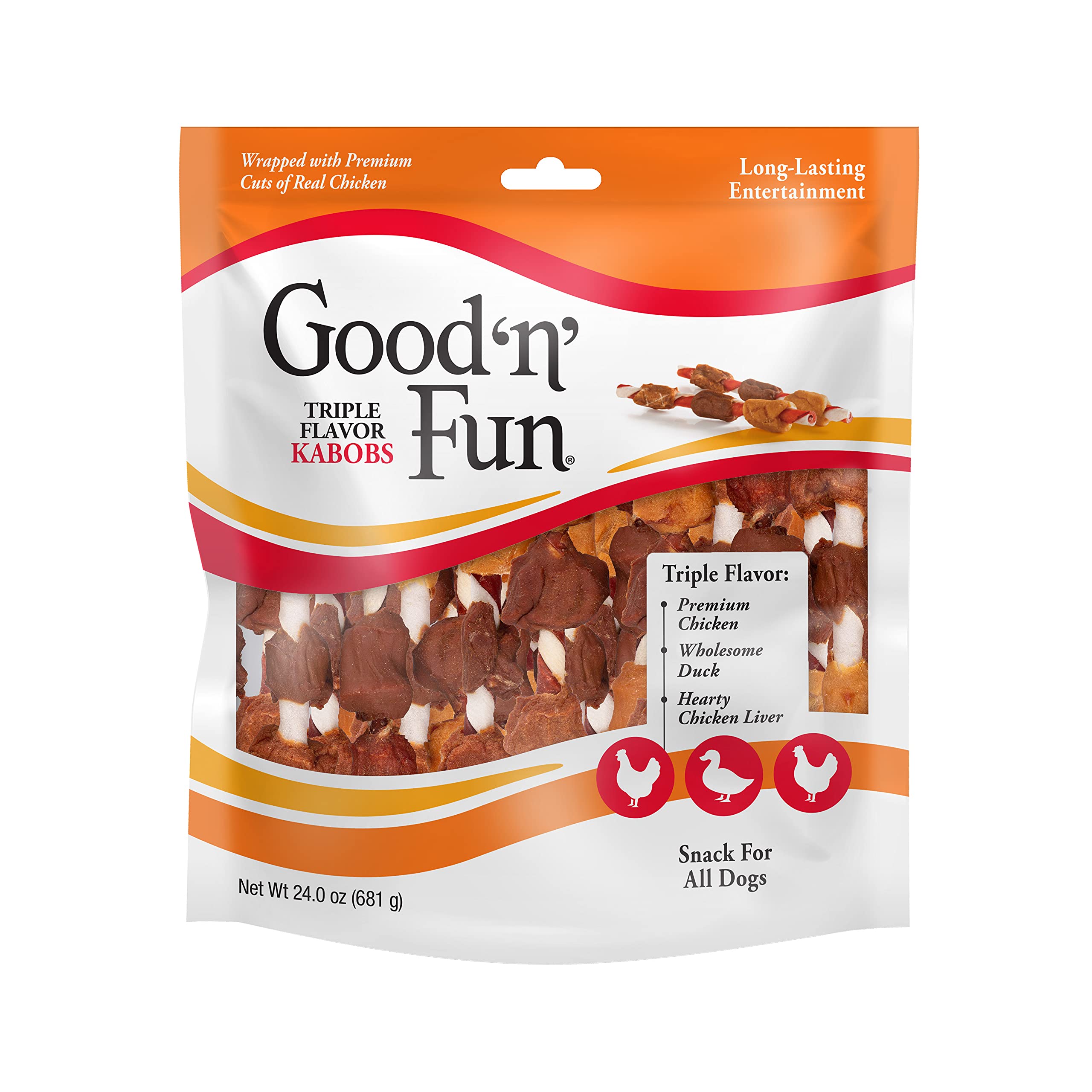Good ?n? Fun Triple Flavor Kabobs Chews for All Dogs, 24 Ounces, Treat Your Dog to Chews Made from Beef Hide, Real Chicken, Pork Hide, Duck and Chicken Liver