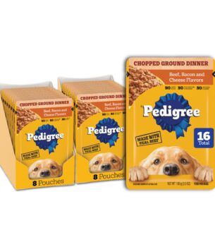 Pedigree Chopped Ground Dinner Adult Soft Wet Dog Food 16-Count Beef, Bacon and Cheese Flavors, 3.5 oz Pouches