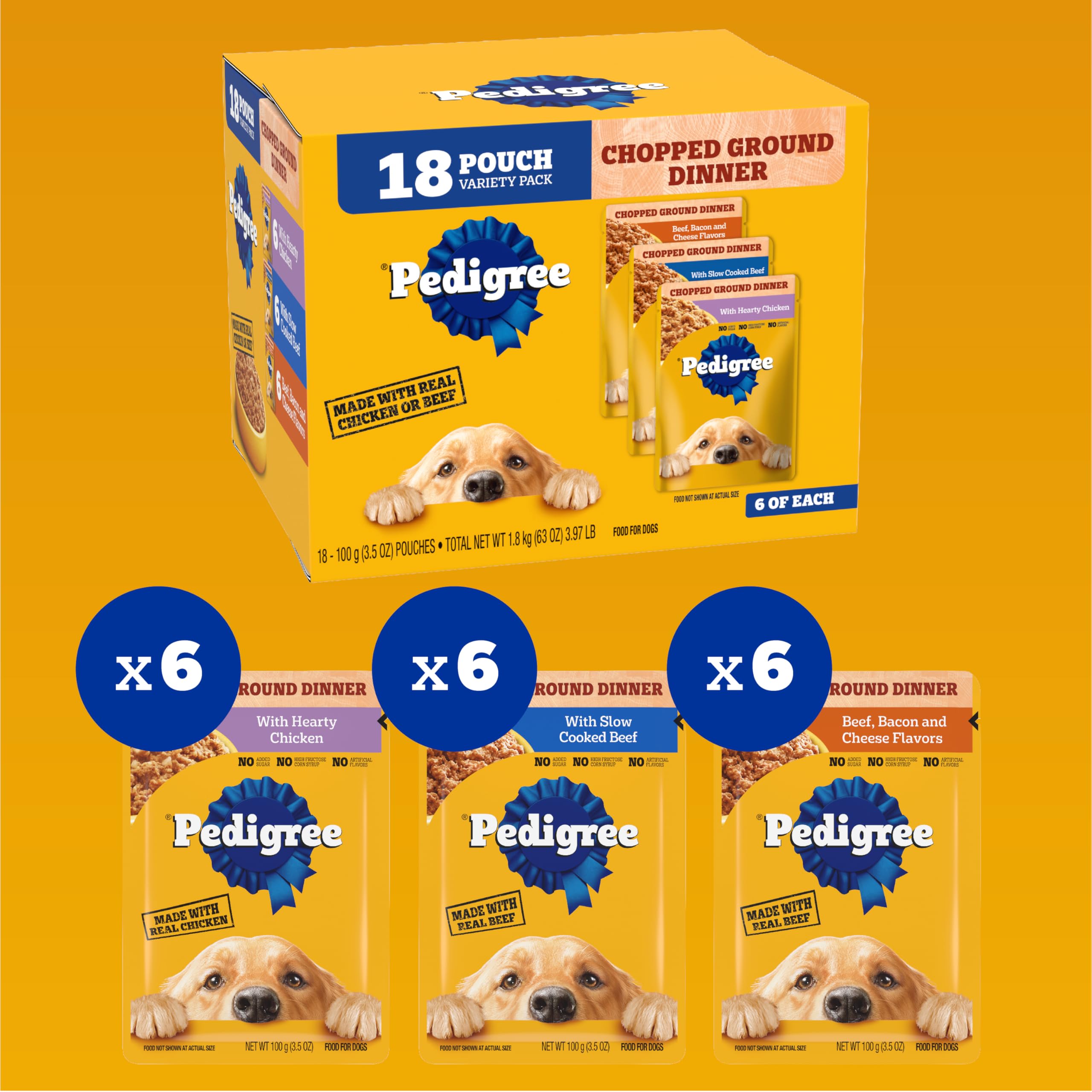 Pedigree Chopped Ground Dinner Adult Soft Wet Dog Food 18-Count Cheese Variety Pack, 3.5 oz. Pouches - Image 3