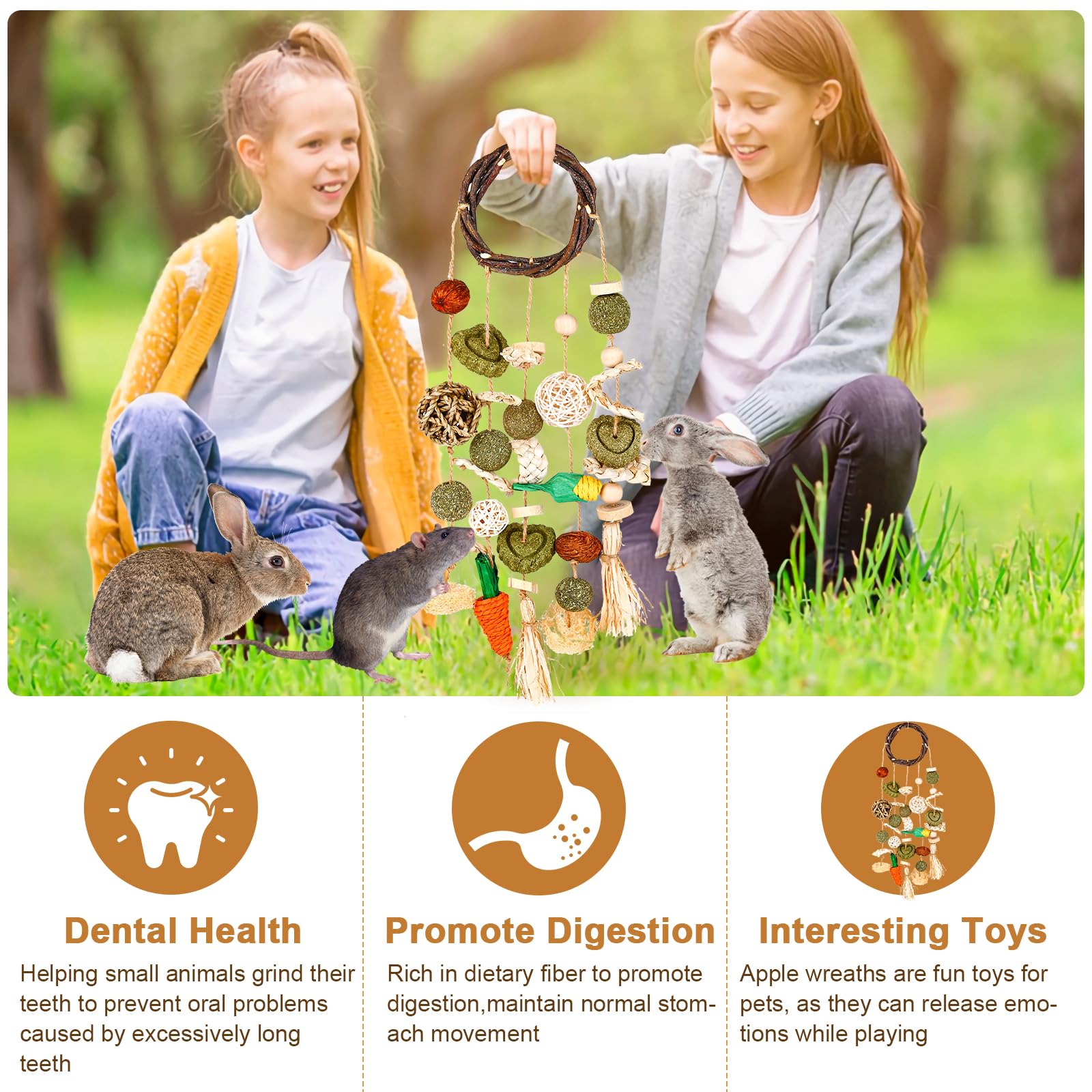 VESPRO Bunny Chew Toys, Rabbit Cage Hanging Chewing Toy and Treats Snack Ring, for Rabbits Chinchilla Guinea Pig Hamsters Grinding Teeth with Other Small Pets, Natural Materials Handwoven (5 Strings) - Image 4