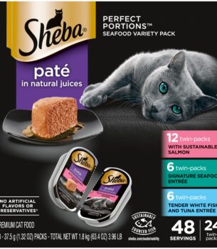Sheba Perfect Portions Wet Cat Food Pate with Sustainable Salmon, Signature Seafood Entree, and Tender Whitefish and Tuna Entree Variety Pack, 2.6 oz. Twin Pack Trays (24 Count, 48 Servings)