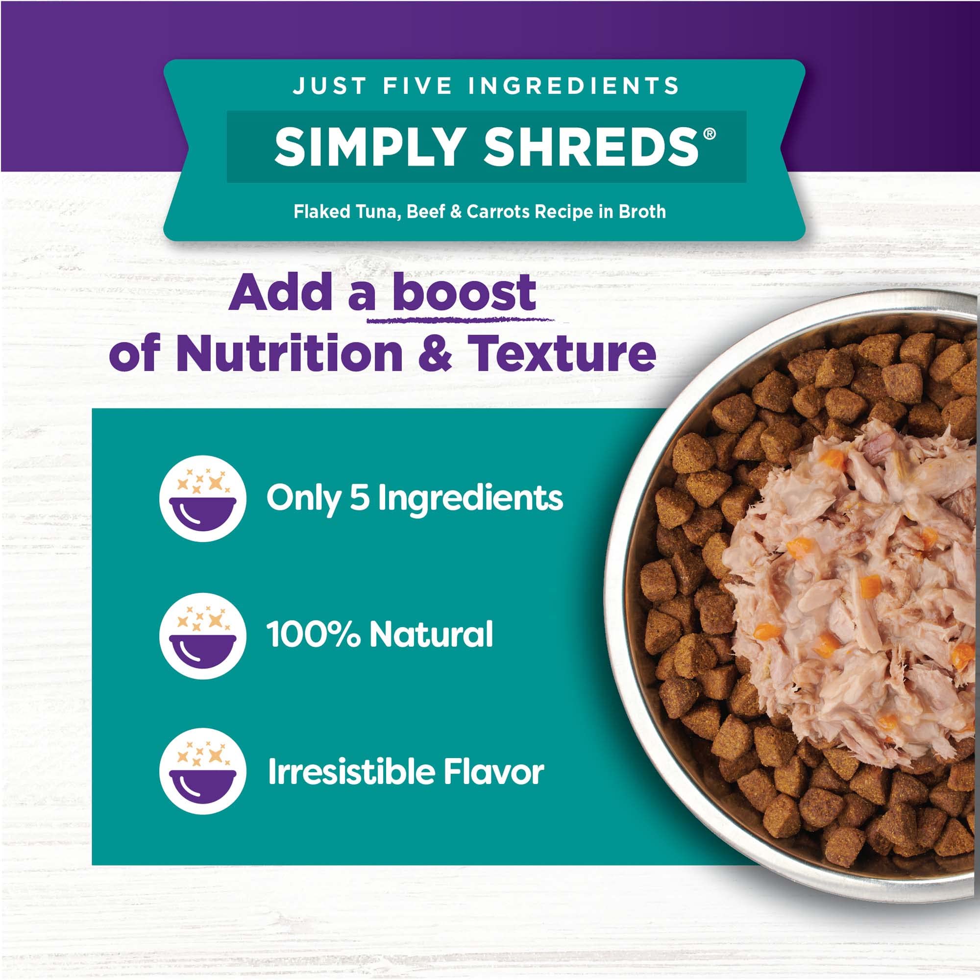 Wellness Bowl Boosters Simply Shreds Wet Dog Food Topper for Small, Medium, & Large Breeds, Grain Free, Natural, Tuna, Beef & Carrots, 2.8 Ounce Pouch (Pack of 12) - Image 5