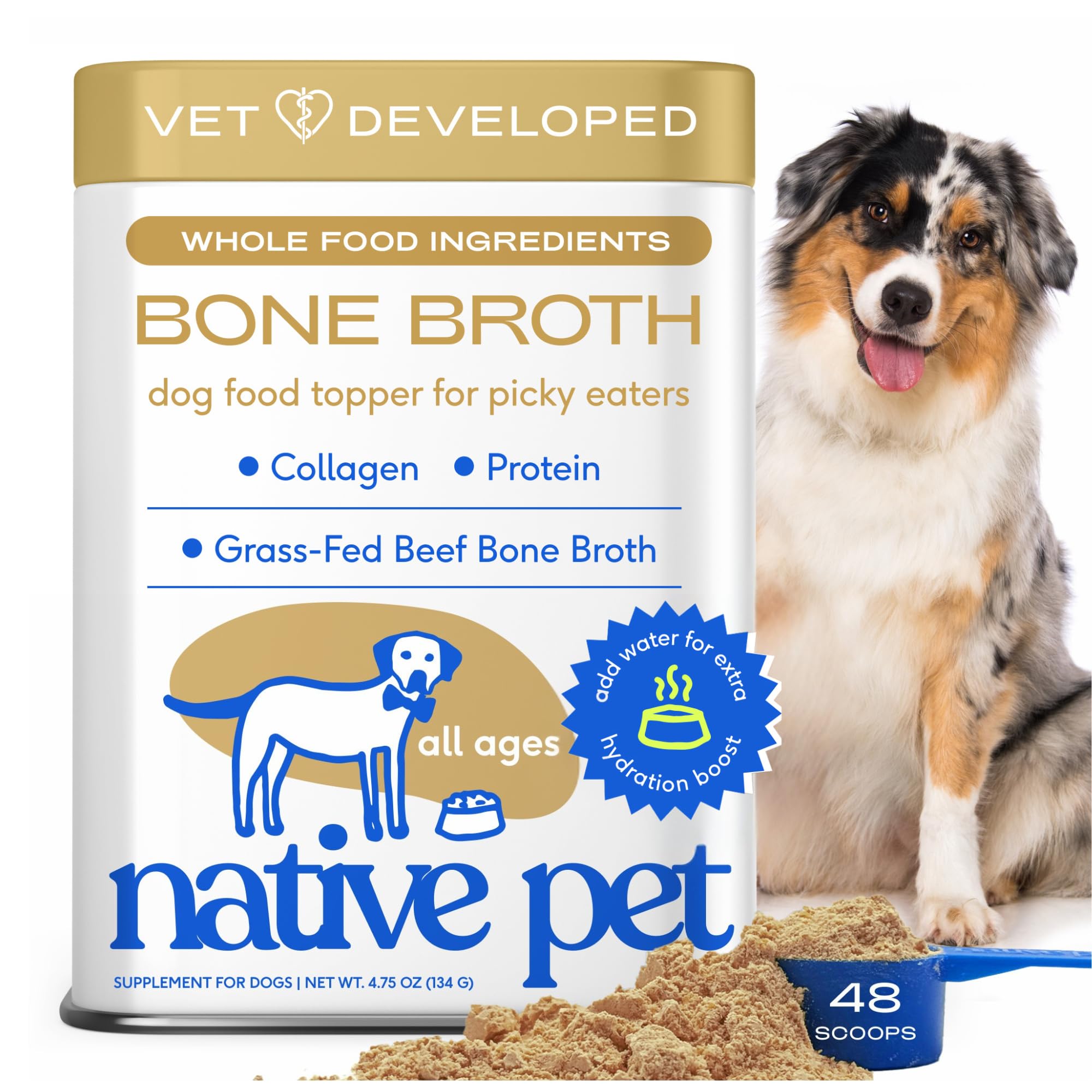 Native Pet Bone Broth for Dogs - Made with Real Beef Bone Broth, Dog Food Toppers for Picky Eaters - Provides Extra Hydration & Nutrition for Joint Strength, Immunity & Heart Health-48 Scoops