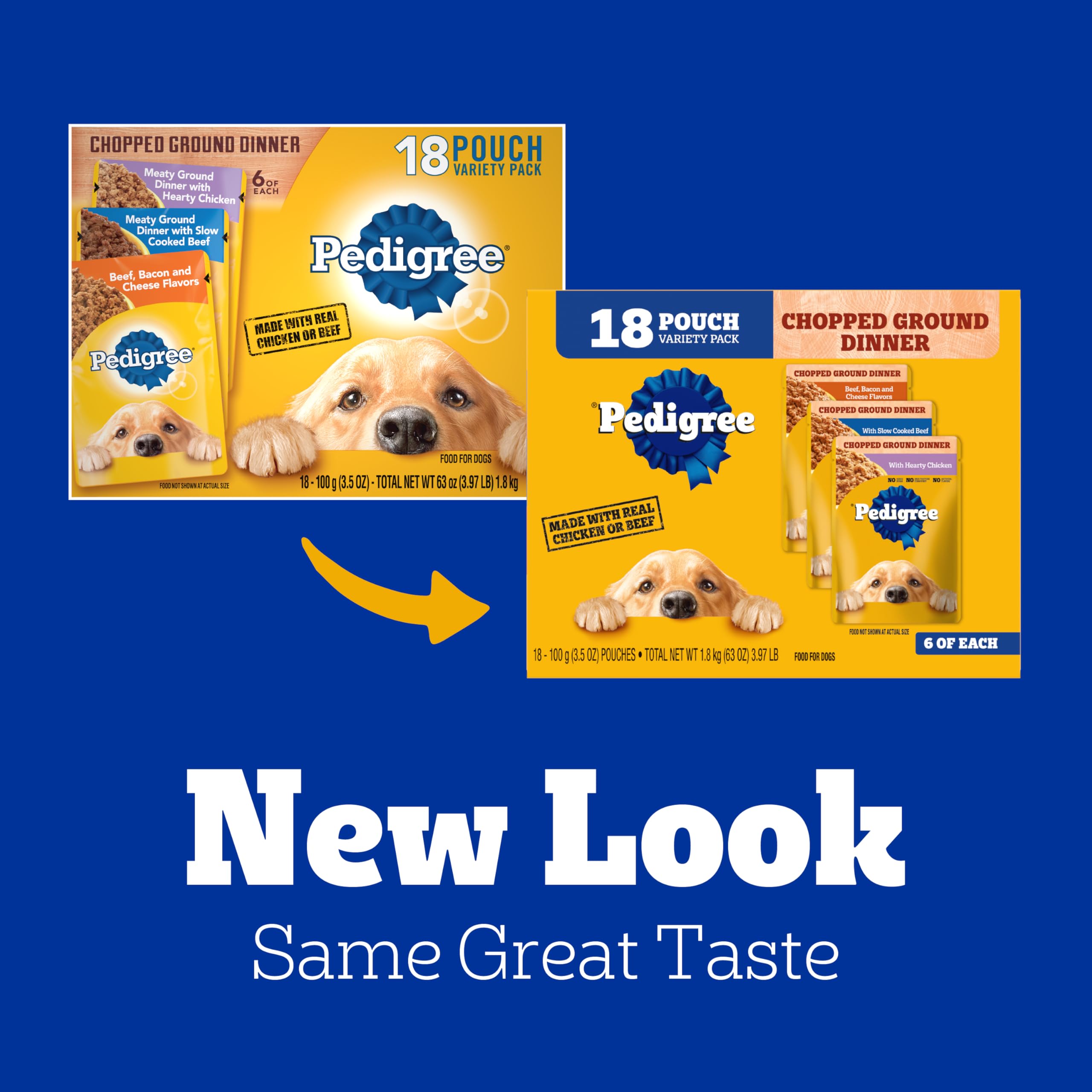Pedigree Chopped Ground Dinner Adult Soft Wet Dog Food 18-Count Cheese Variety Pack, 3.5 oz. Pouches - Image 2