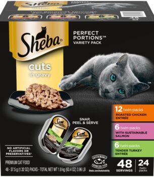 Sheba Perfect Portions Wet Cat Food Cuts in Gravy Variety Pack, Roasted Chicken Entree, with Sustainable Salmon, and Tender Turkey Entree, 2.6 oz. Twin-Pack Trays (24 Count, 48 Servings)
