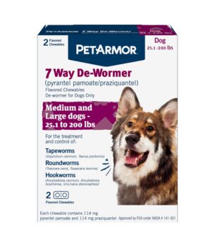 PetArmor 7 Way De-Wormer for Dogs, Oral Treatment for Tapeworm, Roundworm & Hookworm in Large Dogs & Puppies (Over 25 lbs), Worm Remover (Praziquantel & Pyrantel Pamoate), 2 Flavored Chewables