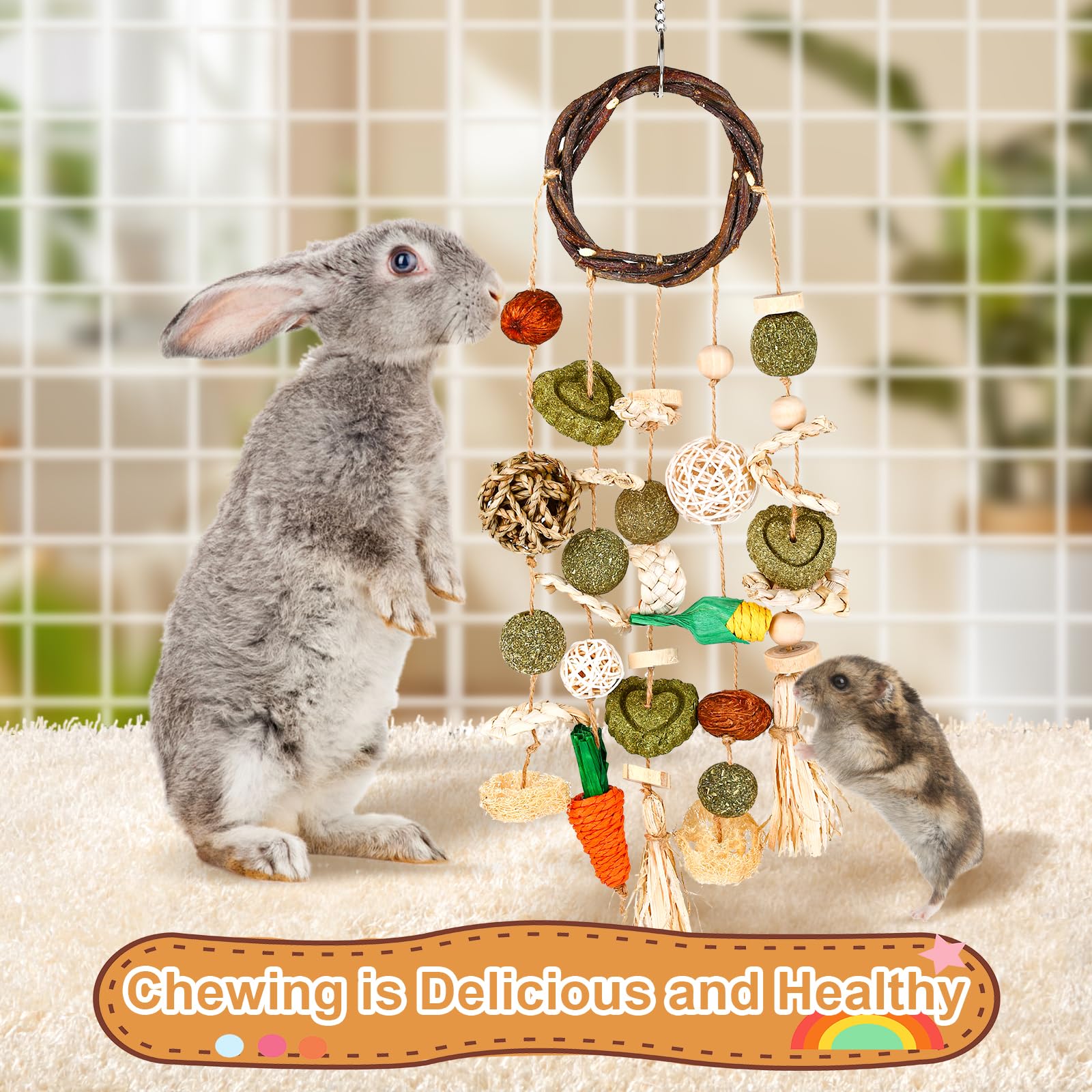 VESPRO Bunny Chew Toys, Rabbit Cage Hanging Chewing Toy and Treats Snack Ring, for Rabbits Chinchilla Guinea Pig Hamsters Grinding Teeth with Other Small Pets, Natural Materials Handwoven (5 Strings) - Image 3