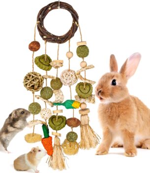 VESPRO Bunny Chew Toys, Rabbit Cage Hanging Chewing Toy and Treats Snack Ring, for Rabbits Chinchilla Guinea Pig Hamsters Grinding Teeth with Other Small Pets, Natural Materials Handwoven (5 Strings)