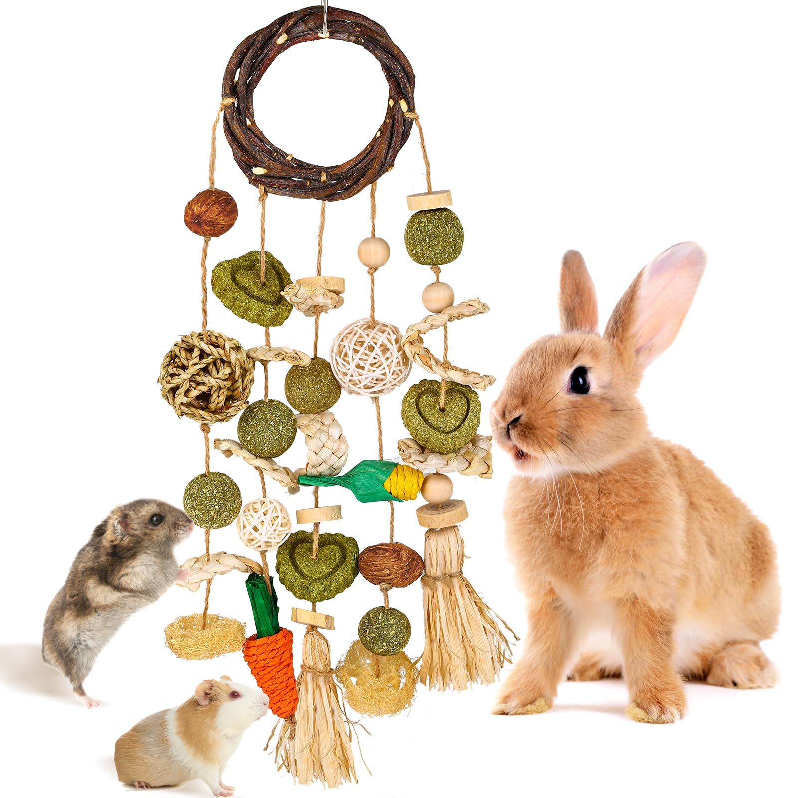 VESPRO Bunny Chew Toys, Rabbit Cage Hanging Chewing Toy and Treats Snack Ring, for Rabbits Chinchilla Guinea Pig Hamsters Grinding Teeth with Other Small Pets, Natural Materials Handwoven (5 Strings)