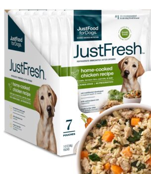 JustFoodForDogs JustFresh Home-Cooked Chicken Dog Food with No Preservatives, Resealable Packaging, Human Grade Wet Dog Food, 12 oz - 7 Pack